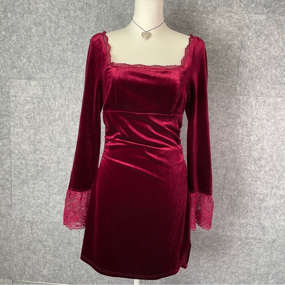 Burgundy steampunk goth velvet dress with bell lace sleeves Victorian fairy